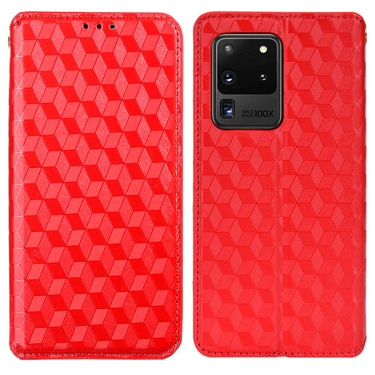 Leather Wallet Case for Samsung Galaxy S20 Ultra, Stand Feature Imprinted Rhombus Magnetic Absorption Flip Protective Cover - Red