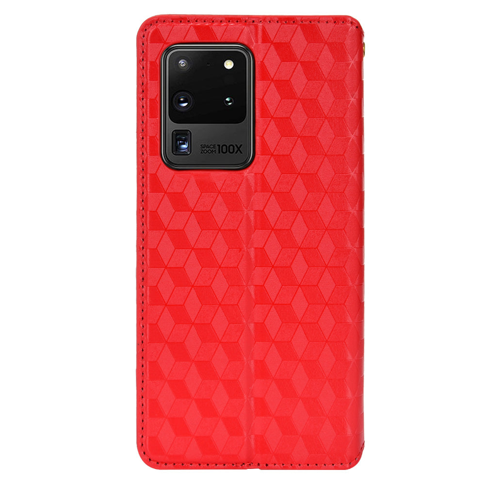 Leather Wallet Case for Samsung Galaxy S20 Ultra, Stand Feature Imprinted Rhombus Magnetic Absorption Flip Protective Cover - Red