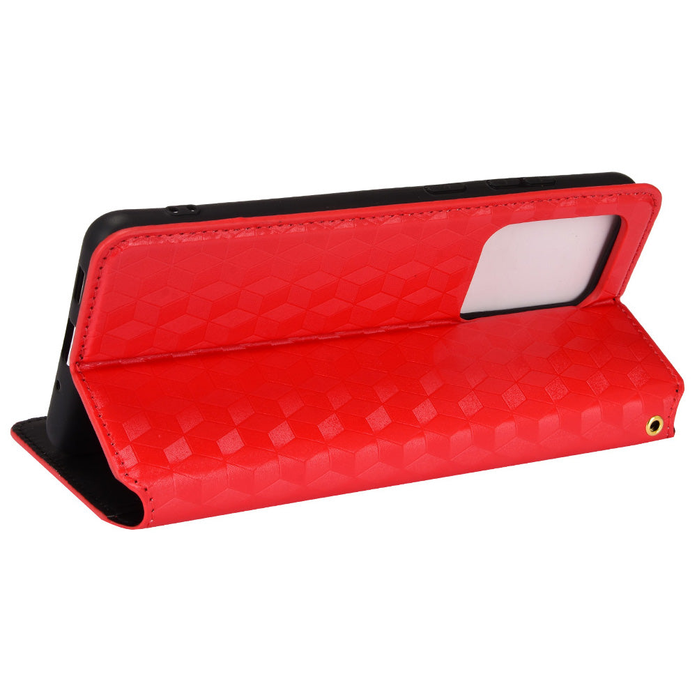 Leather Wallet Case for Samsung Galaxy S20 Ultra, Stand Feature Imprinted Rhombus Magnetic Absorption Flip Protective Cover - Red