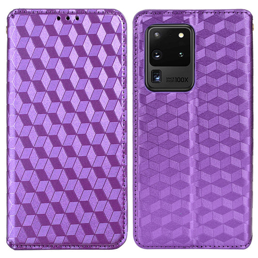 Leather Wallet Case for Samsung Galaxy S20 Ultra, Stand Feature Imprinted Rhombus Magnetic Absorption Flip Protective Cover - Purple
