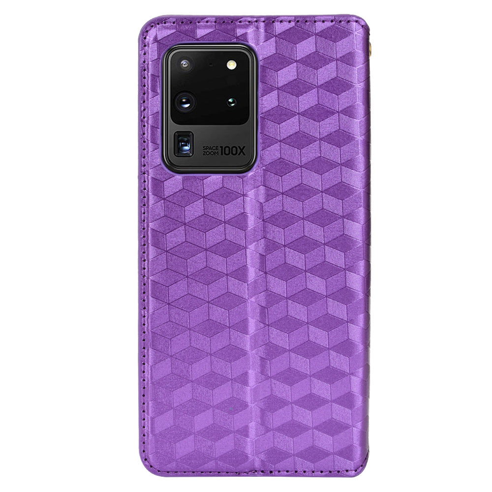 Leather Wallet Case for Samsung Galaxy S20 Ultra, Stand Feature Imprinted Rhombus Magnetic Absorption Flip Protective Cover - Purple