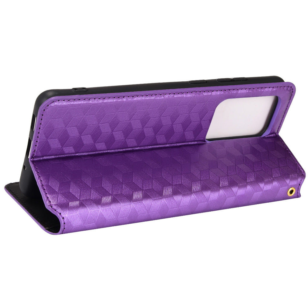 Leather Wallet Case for Samsung Galaxy S20 Ultra, Stand Feature Imprinted Rhombus Magnetic Absorption Flip Protective Cover - Purple