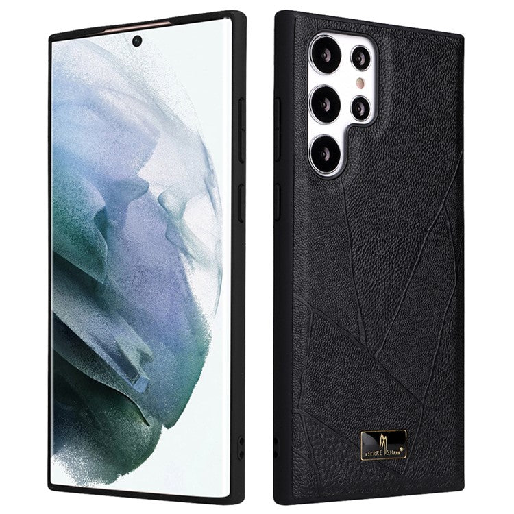 FIERRE SHANN For Samsung Galaxy S22 Ultra 5G Textured PU Leather Coating Phone Case Anti-scratch TPU + PC Hybrid Cover - Striped Litchi Texture