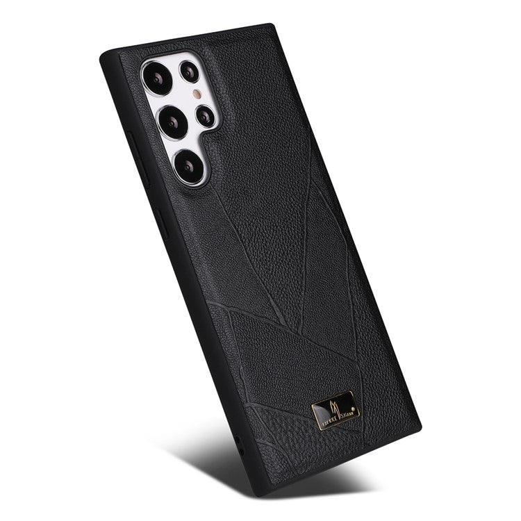 FIERRE SHANN For Samsung Galaxy S22 Ultra 5G Textured PU Leather Coating Phone Case Anti-scratch TPU + PC Hybrid Cover - Striped Litchi Texture
