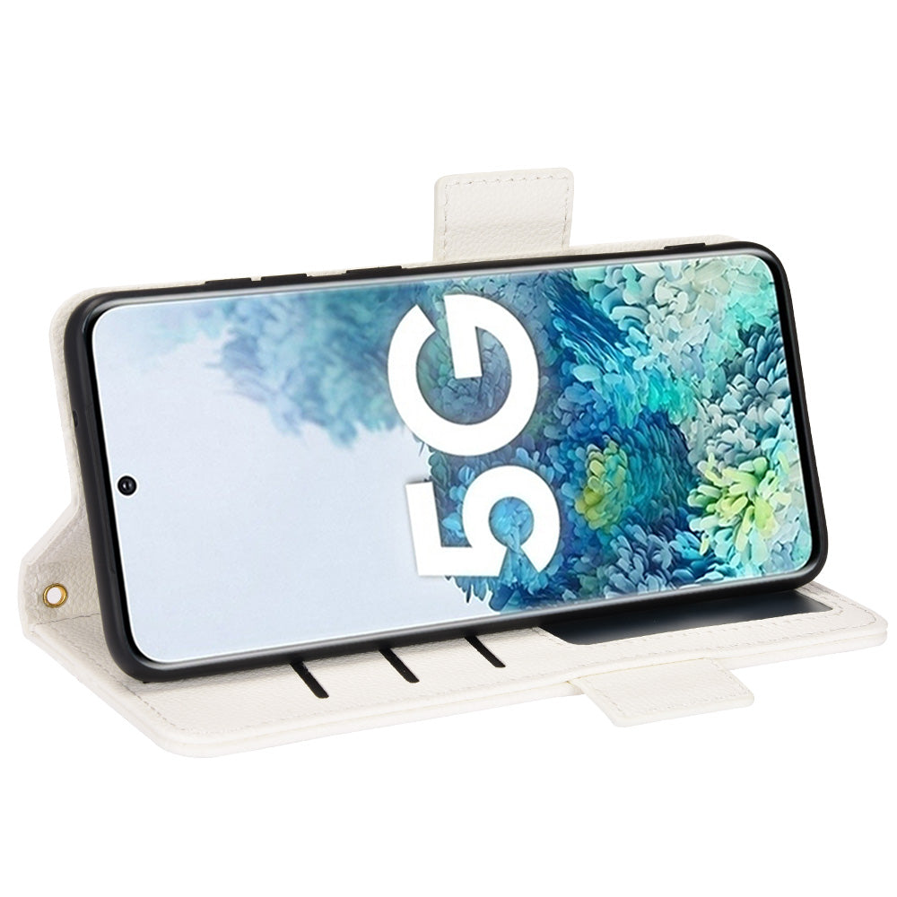 Litchi Texture Leather Stand Phone Case for Samsung Galaxy S20 4G/S20 5G, Side Double Magnetic Clasp Wallet Cover - White