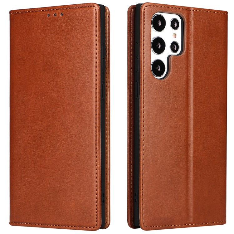 FIERRE SHANN For Samsung Galaxy S22 Ultra 5G PU Leather Wallet Stand Folio Flip Phone Case Magnetic Auto Closing Cover - Brown