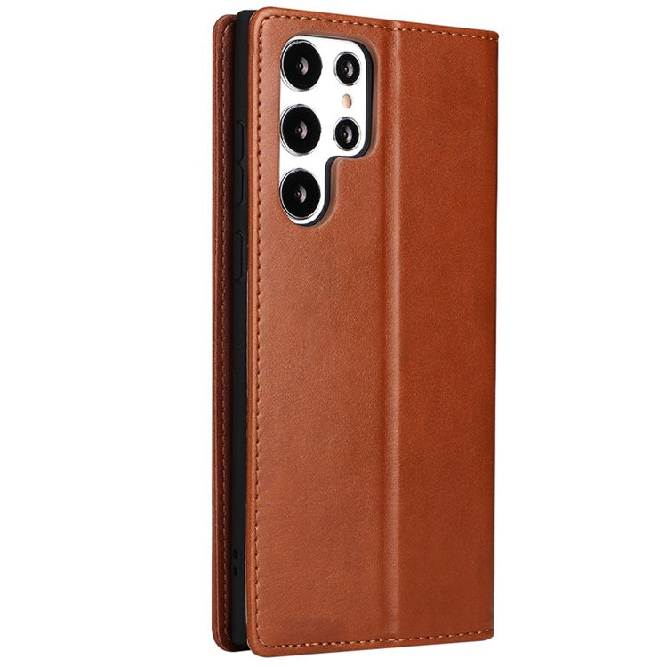 FIERRE SHANN For Samsung Galaxy S22 Ultra 5G PU Leather Wallet Stand Folio Flip Phone Case Magnetic Auto Closing Cover - Brown