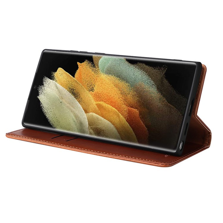 FIERRE SHANN For Samsung Galaxy S22 Ultra 5G PU Leather Wallet Stand Folio Flip Phone Case Magnetic Auto Closing Cover - Brown