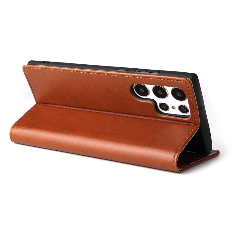 FIERRE SHANN For Samsung Galaxy S22 Ultra 5G PU Leather Wallet Stand Folio Flip Phone Case Magnetic Auto Closing Cover - Brown