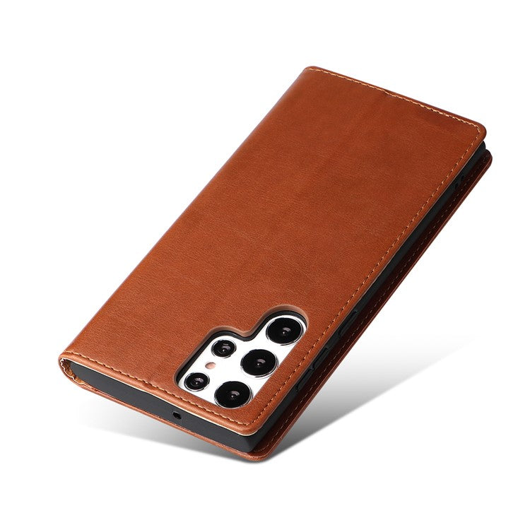 FIERRE SHANN For Samsung Galaxy S22 Ultra 5G PU Leather Wallet Stand Folio Flip Phone Case Magnetic Auto Closing Cover - Brown