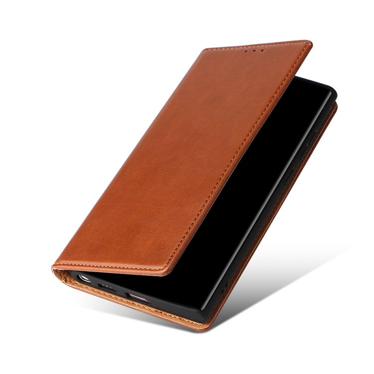 FIERRE SHANN For Samsung Galaxy S22 Ultra 5G PU Leather Wallet Stand Folio Flip Phone Case Magnetic Auto Closing Cover - Brown