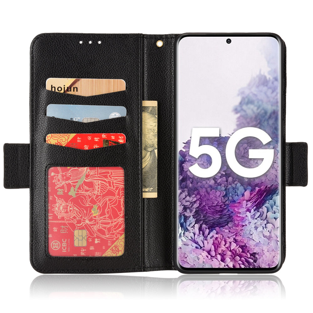 For Samsung Galaxy S20 Plus 4G/5G Litchi Texture Wallet Stand Phone Case Magnetic Clasp Anti-fall Protection Leather Cover - Black