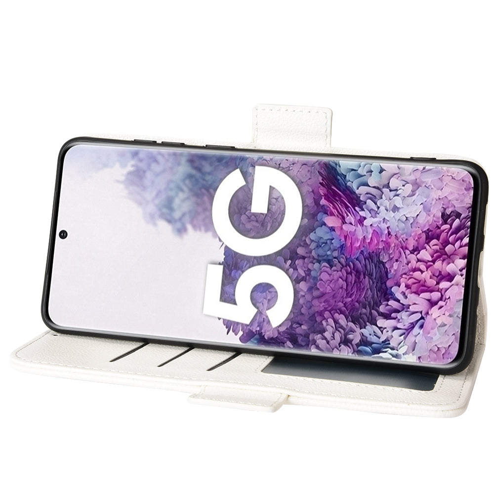 For Samsung Galaxy S20 Plus 4G/5G Litchi Texture Wallet Stand Phone Case Magnetic Clasp Anti-fall Protection Leather Cover - White