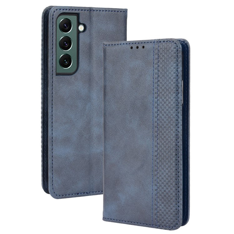Vintage PU Leather Imprinting Mosaic Wallet Phone Case for Samsung Galaxy S22+ 5G, Stand Auto Closing Magnetic Cover - Blue