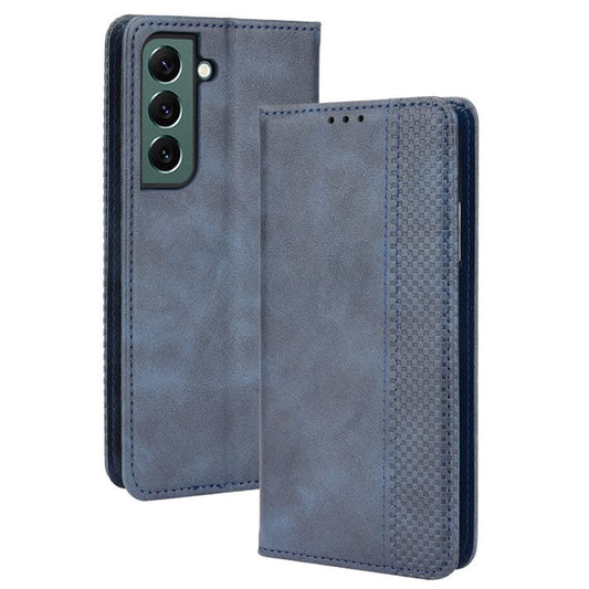 Vintage PU Leather Imprinting Mosaic Wallet Phone Case for Samsung Galaxy S22+ 5G, Stand Auto Closing Magnetic Cover - Blue