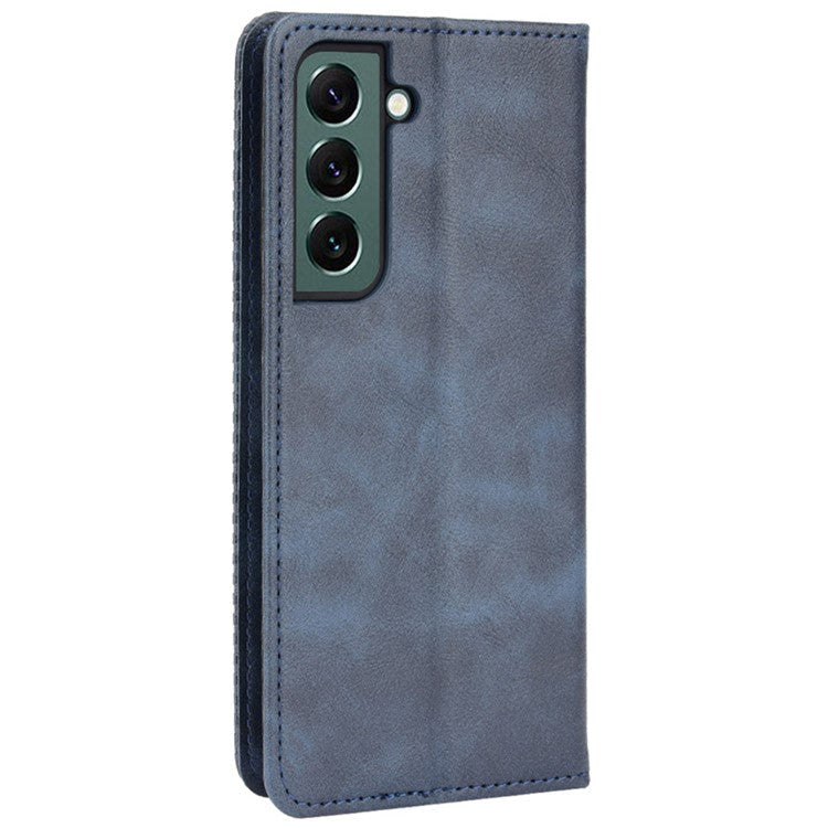 Vintage PU Leather Imprinting Mosaic Wallet Phone Case for Samsung Galaxy S22+ 5G, Stand Auto Closing Magnetic Cover - Blue