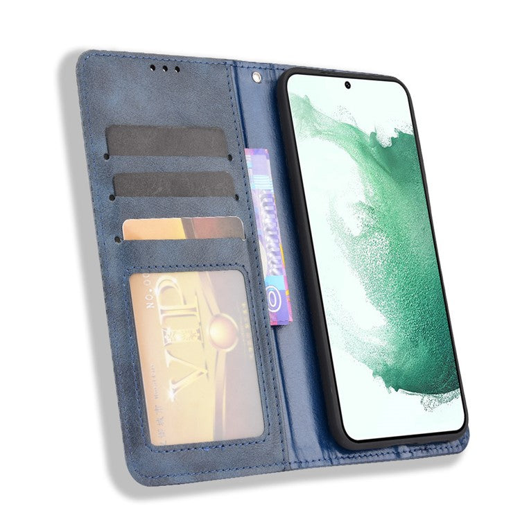 Vintage PU Leather Imprinting Mosaic Wallet Phone Case for Samsung Galaxy S22+ 5G, Stand Auto Closing Magnetic Cover - Blue
