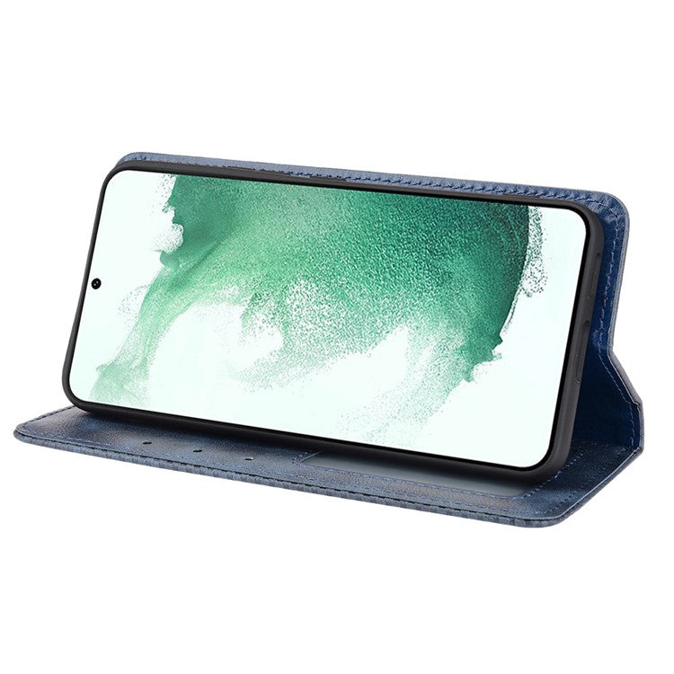 Vintage PU Leather Imprinting Mosaic Wallet Phone Case for Samsung Galaxy S22+ 5G, Stand Auto Closing Magnetic Cover - Blue