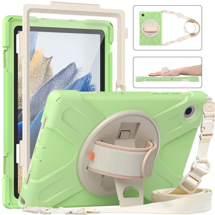 For Samsung Galaxy Tab A8 10.5 (2021) / A8 10.5 (2022) Rotary Kickstand PC + Silicone Tablet Case Hand Strap Protective Cover with Shoulder Strap - Matcha Green