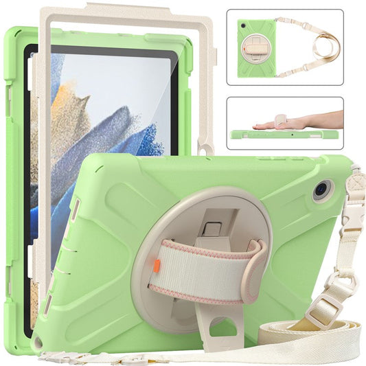 For Samsung Galaxy Tab A8 10.5 (2021) / A8 10.5 (2022) Rotary Kickstand PC + Silicone Tablet Case Hand Strap Protective Cover with Shoulder Strap - Matcha Green