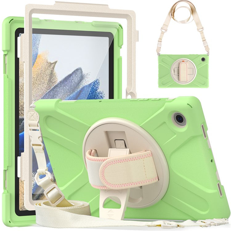 For Samsung Galaxy Tab A8 10.5 (2021) / A8 10.5 (2022) Rotary Kickstand PC + Silicone Tablet Case Hand Strap Protective Cover with Shoulder Strap - Matcha Green