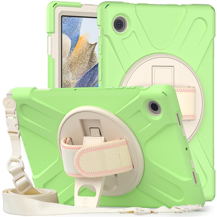 For Samsung Galaxy Tab A8 10.5 (2021) / A8 10.5 (2022) Rotary Kickstand PC + Silicone Tablet Case Hand Strap Protective Cover with Shoulder Strap - Matcha Green