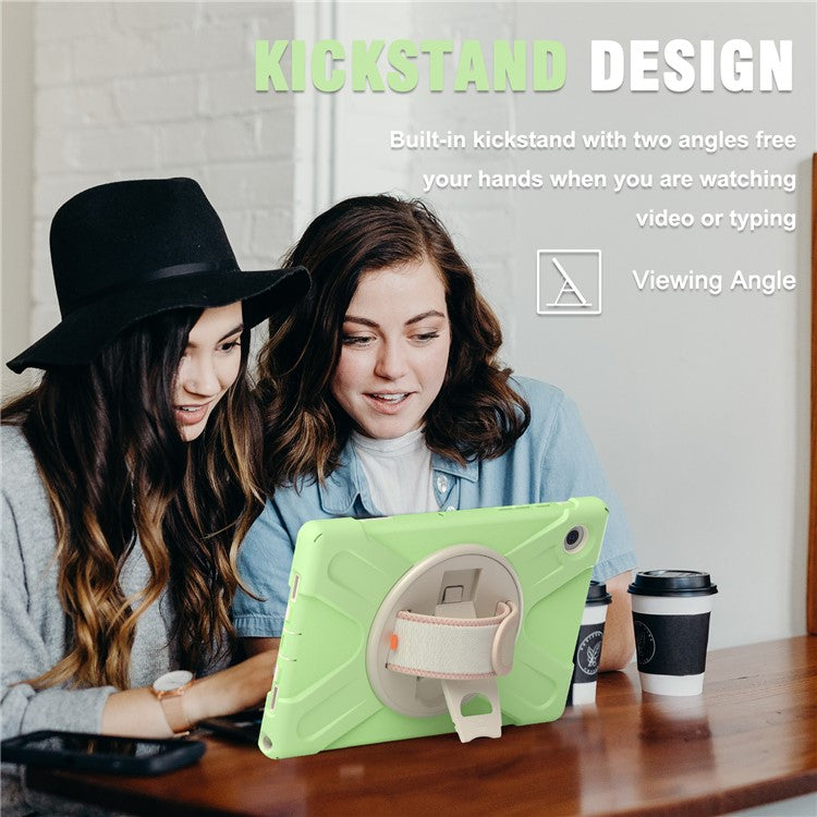 For Samsung Galaxy Tab A8 10.5 (2021) / A8 10.5 (2022) Rotary Kickstand PC + Silicone Tablet Case Hand Strap Protective Cover with Shoulder Strap - Matcha Green