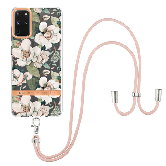 For Samsung Galaxy S20 Plus 4G/5G YB IMD-9 Series IMD IML Electroplating TPU Phone Case Flower Pattern Cover with Lanyard - HC001 Green Gardenia