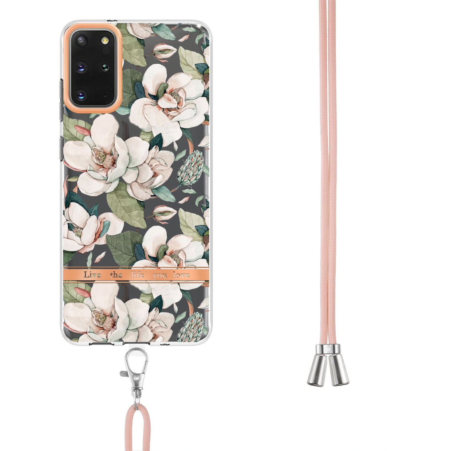 For Samsung Galaxy S20 Plus 4G/5G YB IMD-9 Series IMD IML Electroplating TPU Phone Case Flower Pattern Cover with Lanyard - HC001 Green Gardenia