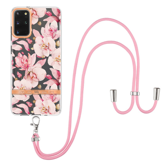 For Samsung Galaxy S20 Plus 4G/5G YB IMD-9 Series IMD IML Electroplating TPU Phone Case Flower Pattern Cover with Lanyard - HC005 Pink Gardenia
