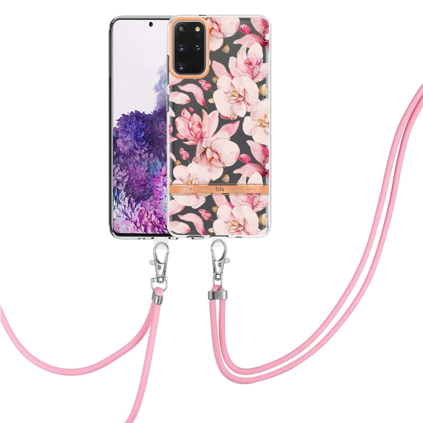 For Samsung Galaxy S20 Plus 4G/5G YB IMD-9 Series IMD IML Electroplating TPU Phone Case Flower Pattern Cover with Lanyard - HC005 Pink Gardenia