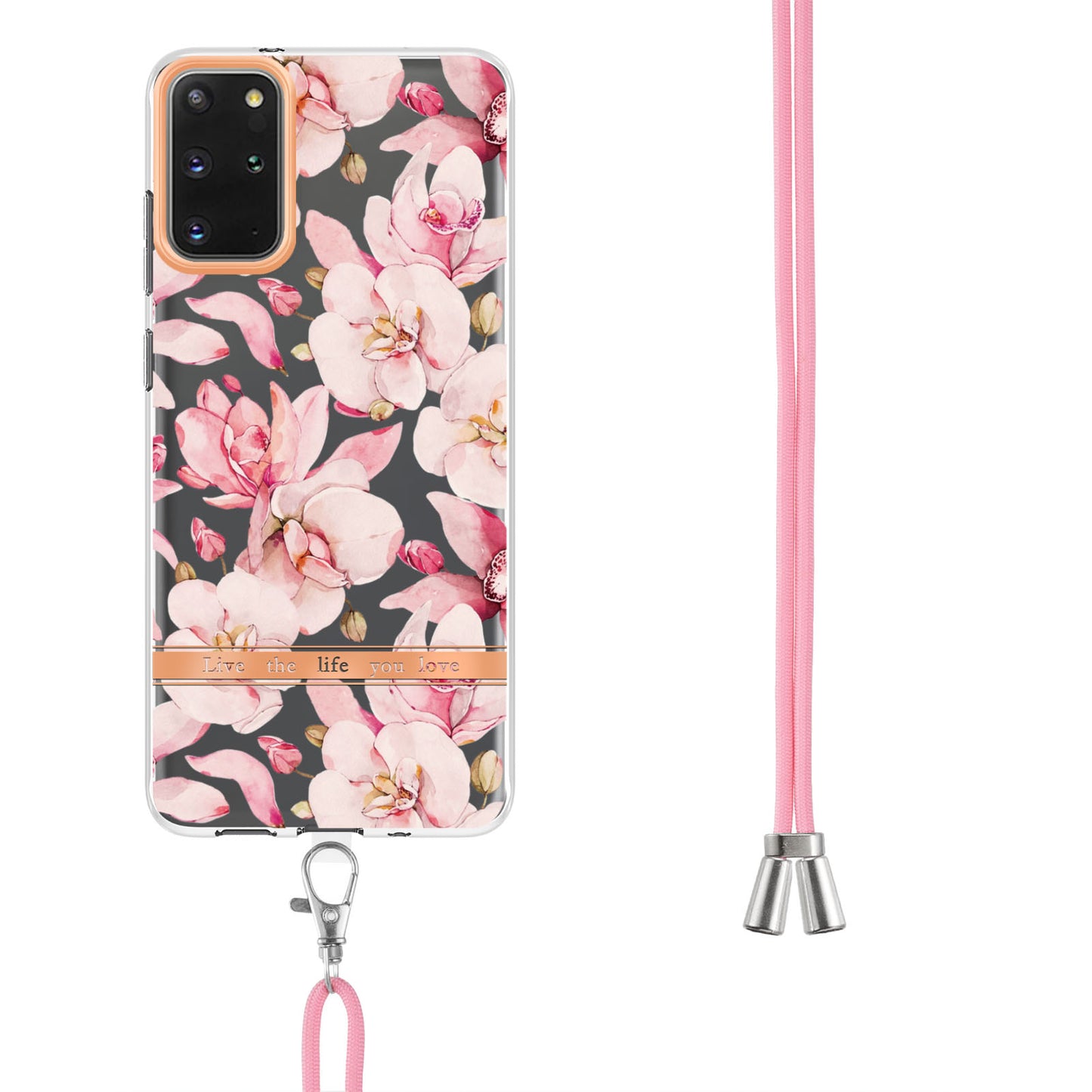 For Samsung Galaxy S20 Plus 4G/5G YB IMD-9 Series IMD IML Electroplating TPU Phone Case Flower Pattern Cover with Lanyard - HC005 Pink Gardenia