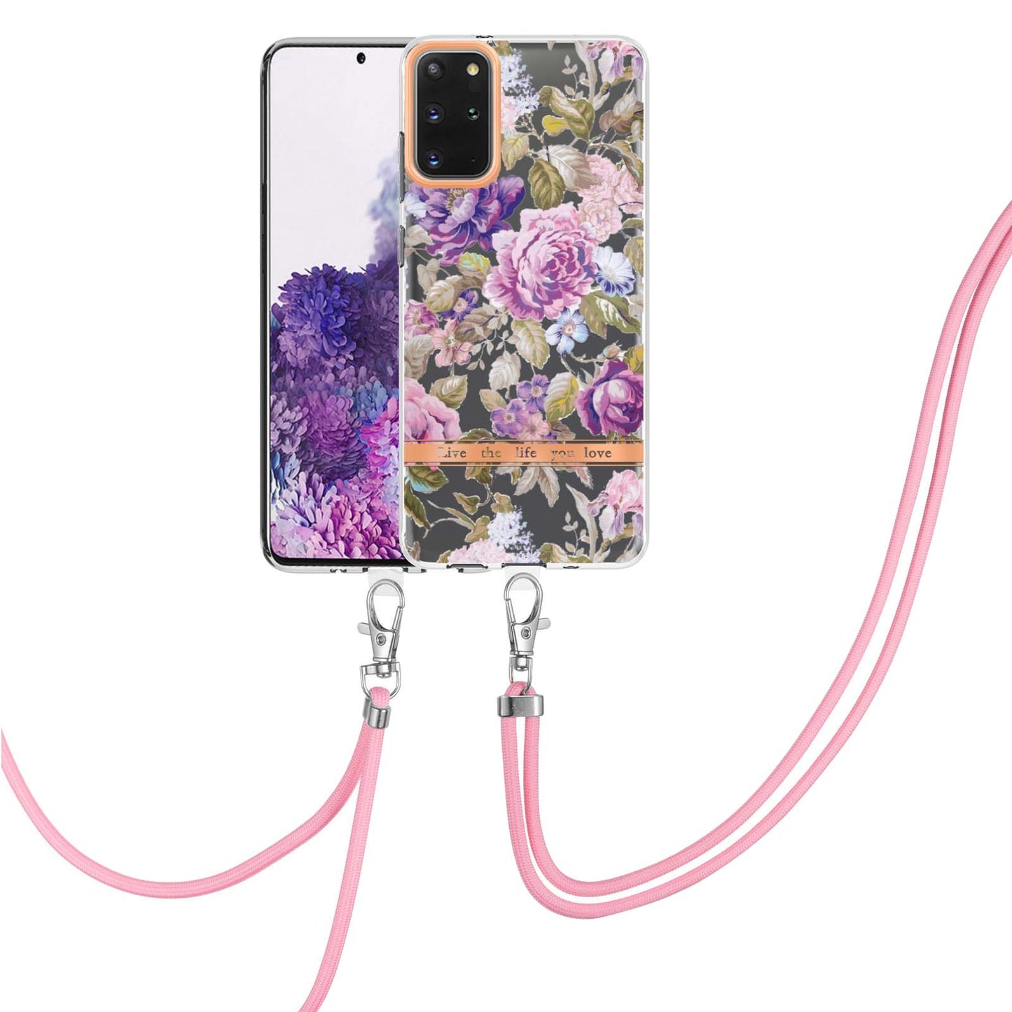 For Samsung Galaxy S20 Plus 4G/5G YB IMD-9 Series IMD IML Electroplating TPU Phone Case Flower Pattern Cover with Lanyard - HC006 Purple Peony