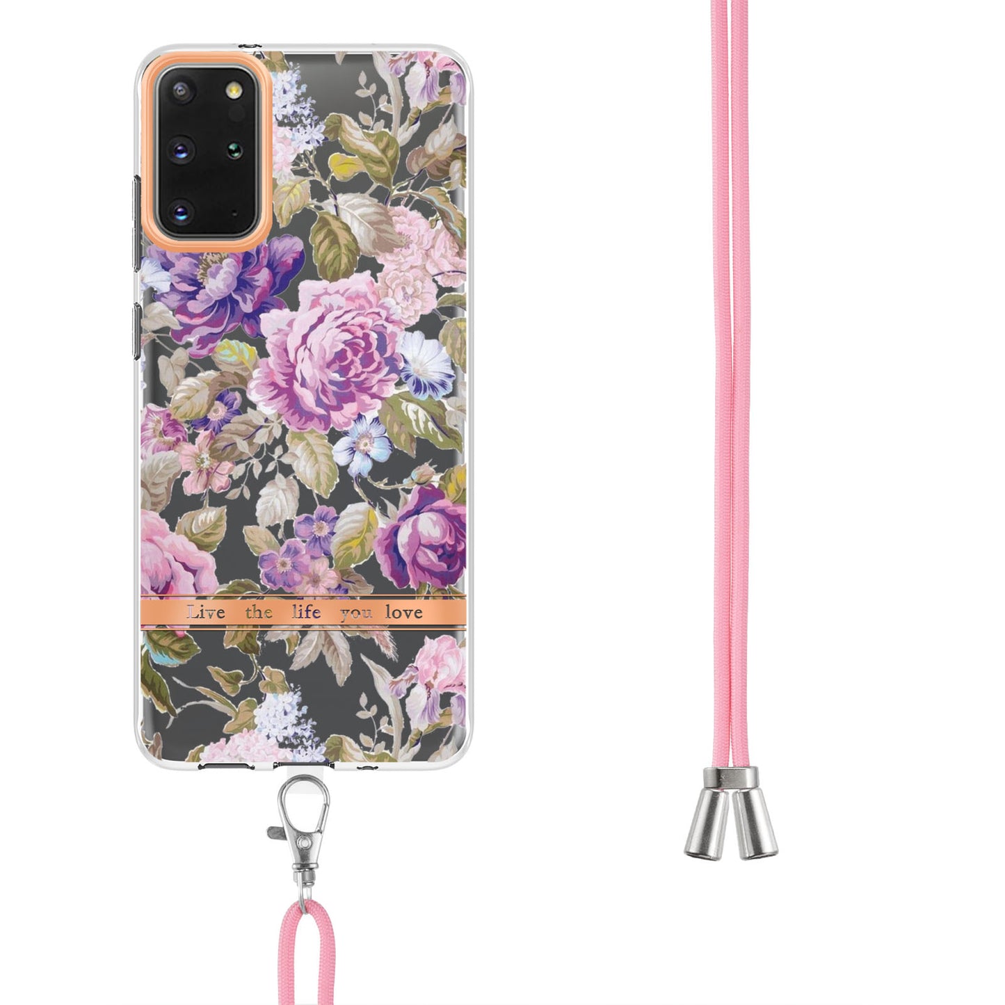 For Samsung Galaxy S20 Plus 4G/5G YB IMD-9 Series IMD IML Electroplating TPU Phone Case Flower Pattern Cover with Lanyard - HC006 Purple Peony