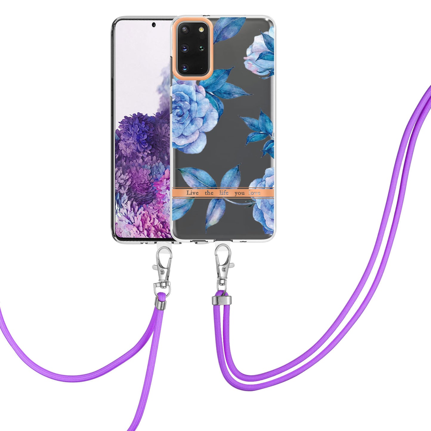 For Samsung Galaxy S20 Plus 4G/5G YB IMD-9 Series IMD IML Electroplating TPU Phone Case Flower Pattern Cover with Lanyard - HC003 Blue Peony