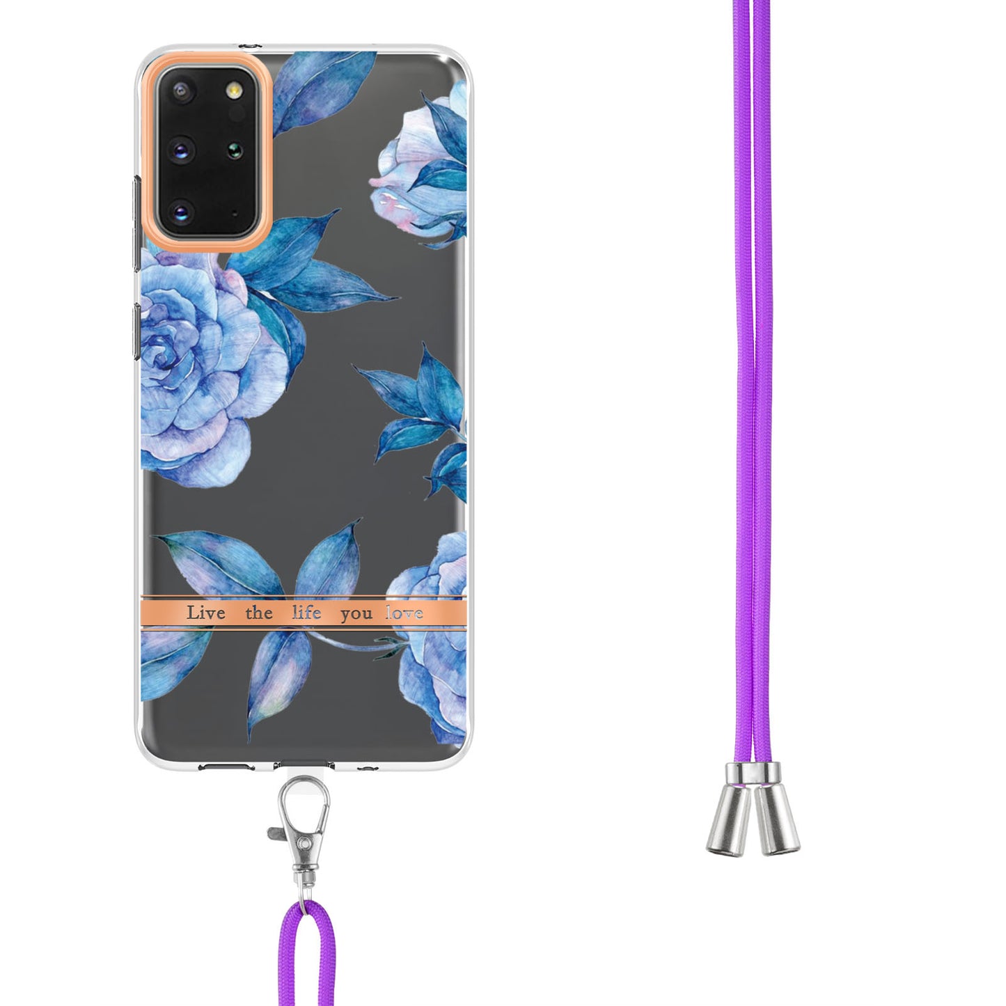 For Samsung Galaxy S20 Plus 4G/5G YB IMD-9 Series IMD IML Electroplating TPU Phone Case Flower Pattern Cover with Lanyard - HC003 Blue Peony