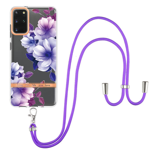 For Samsung Galaxy S20 Plus 4G/5G YB IMD-9 Series IMD IML Electroplating TPU Phone Case Flower Pattern Cover with Lanyard - HC004 Purple Begonia