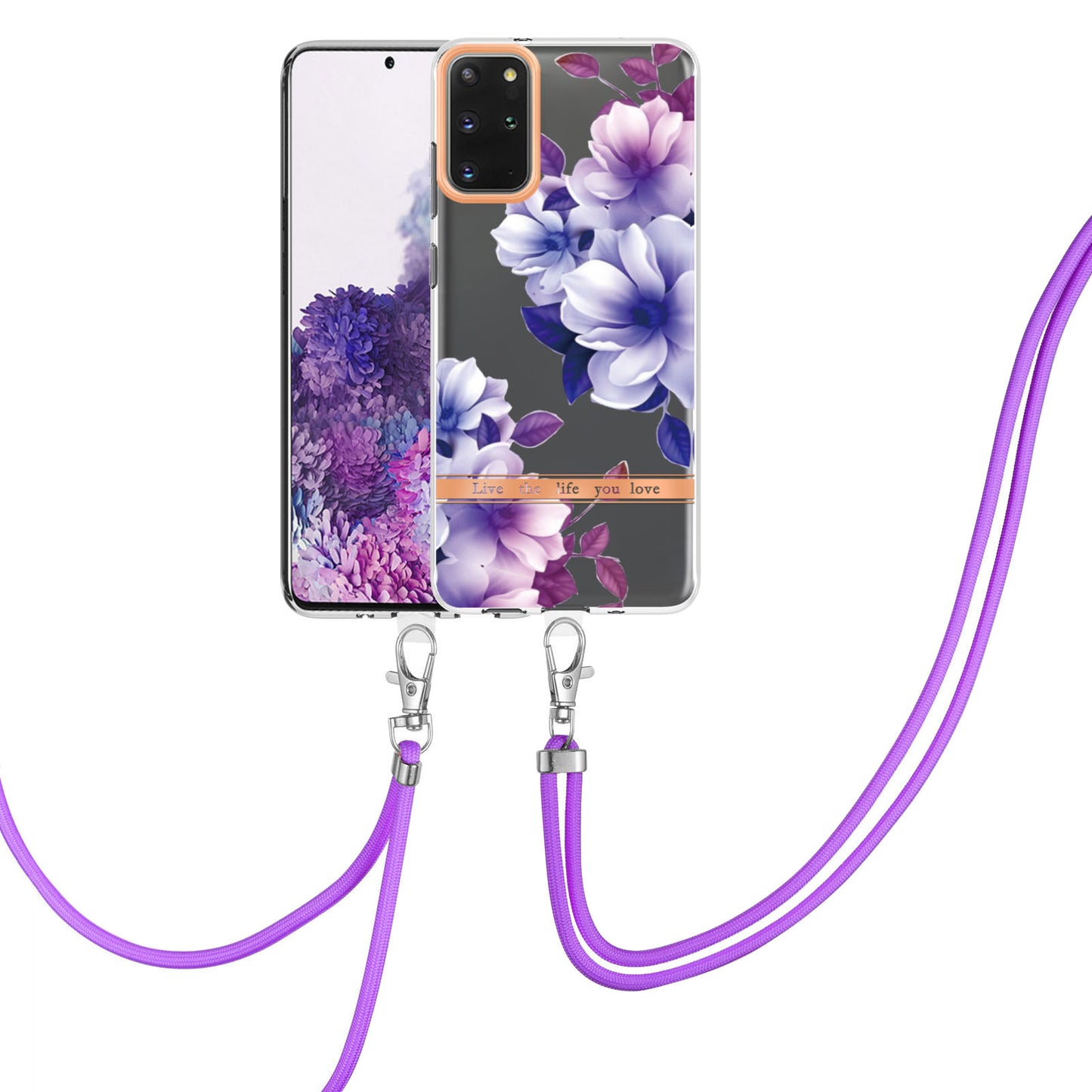 For Samsung Galaxy S20 Plus 4G/5G YB IMD-9 Series IMD IML Electroplating TPU Phone Case Flower Pattern Cover with Lanyard - HC004 Purple Begonia
