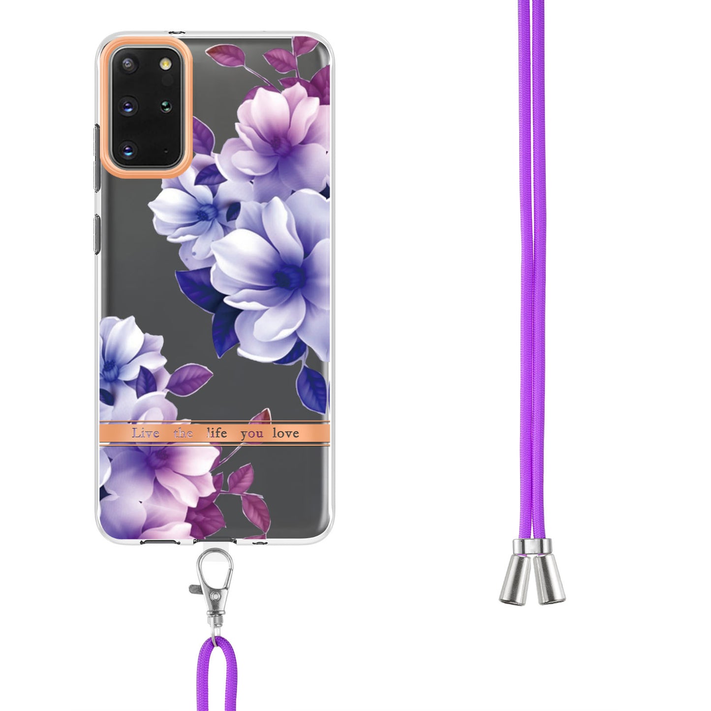 For Samsung Galaxy S20 Plus 4G/5G YB IMD-9 Series IMD IML Electroplating TPU Phone Case Flower Pattern Cover with Lanyard - HC004 Purple Begonia