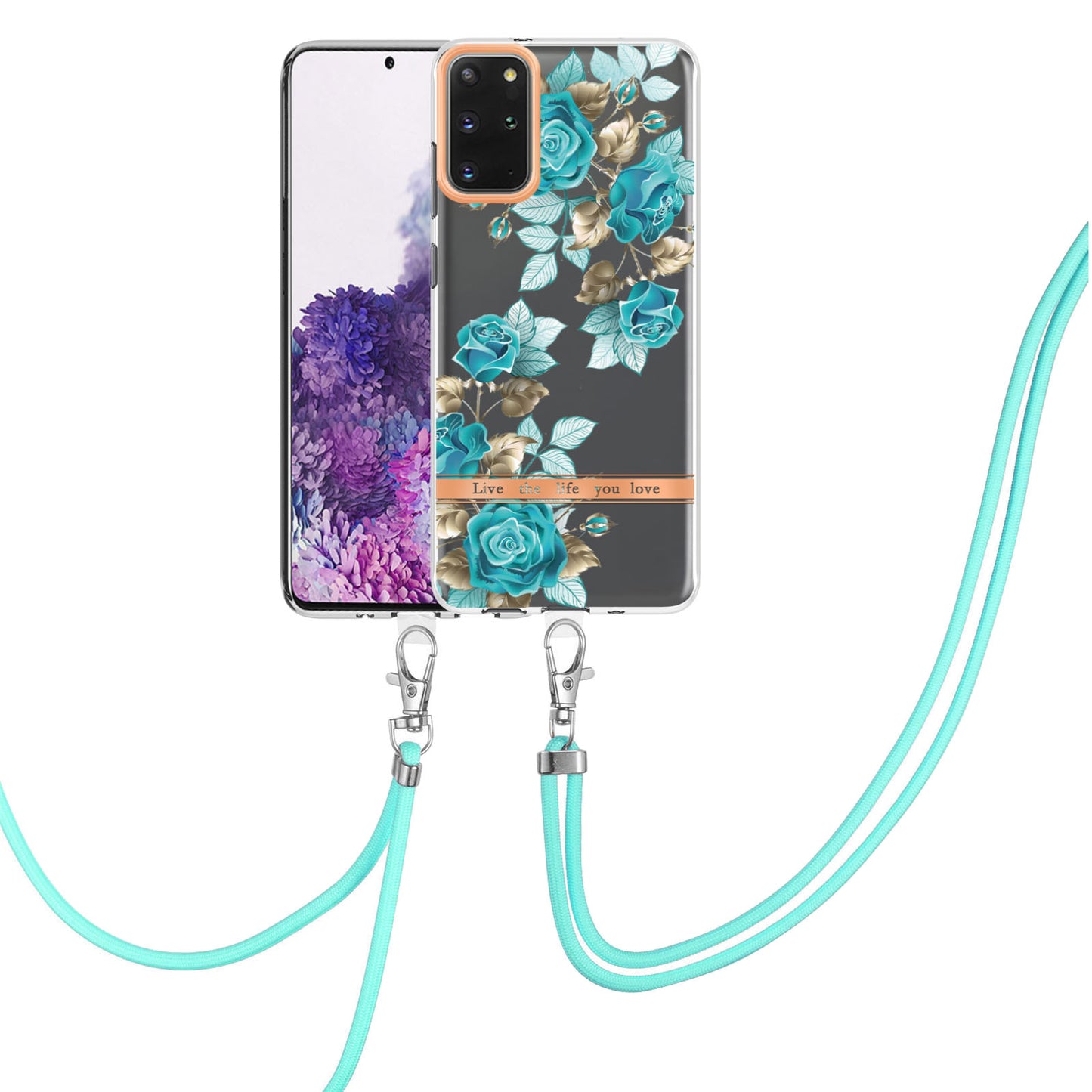 For Samsung Galaxy S20 Plus 4G/5G YB IMD-9 Series IMD IML Electroplating TPU Phone Case Flower Pattern Cover with Lanyard - HC002 Blue Rose