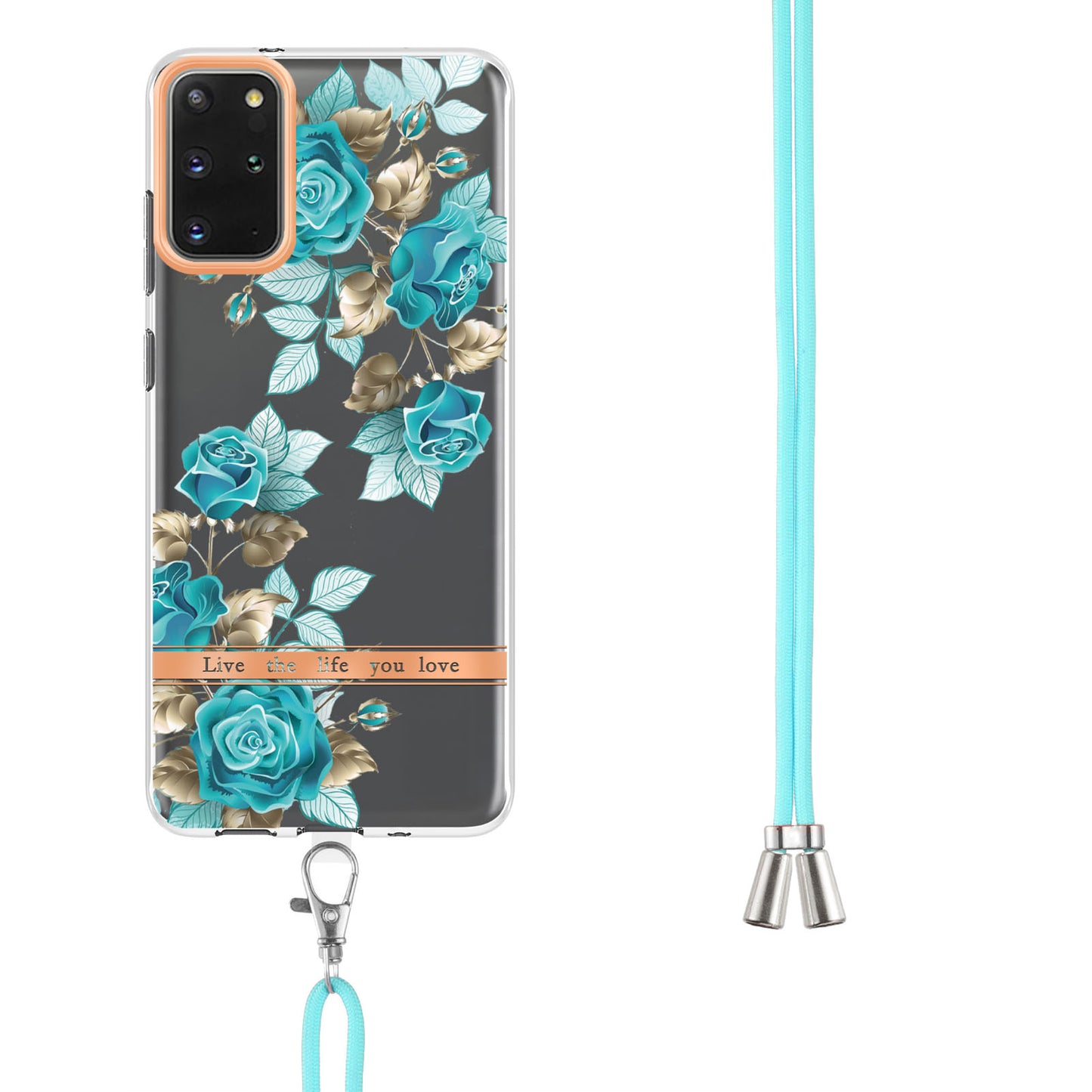 For Samsung Galaxy S20 Plus 4G/5G YB IMD-9 Series IMD IML Electroplating TPU Phone Case Flower Pattern Cover with Lanyard - HC002 Blue Rose