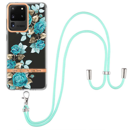 YB IMD Series TPU Phone Case for Samsung Galaxy S20 Ultra, Electroplated Flower Patterns IMD IML Phone Protective Cover - HC002 Blue Rose