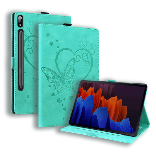 For Samsung Galaxy Tab S9 FE / S9 / S8 / S7 PU Leather Imprinted Butterfly Flip Tablet Case Card Slots Stand with Pen Holder - Cyan