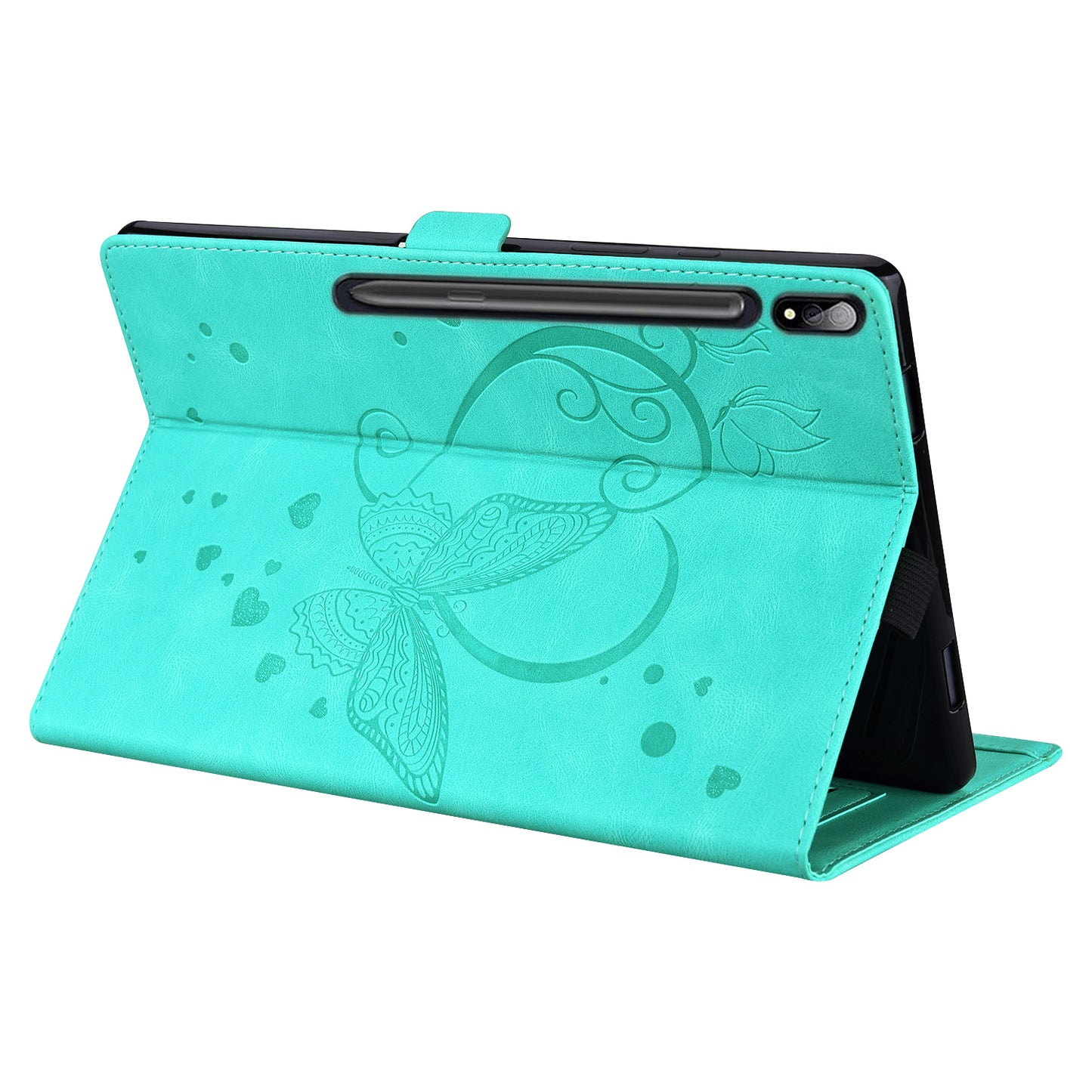 For Samsung Galaxy Tab S9 FE / S9 / S8 / S7 PU Leather Imprinted Butterfly Flip Tablet Case Card Slots Stand with Pen Holder - Cyan