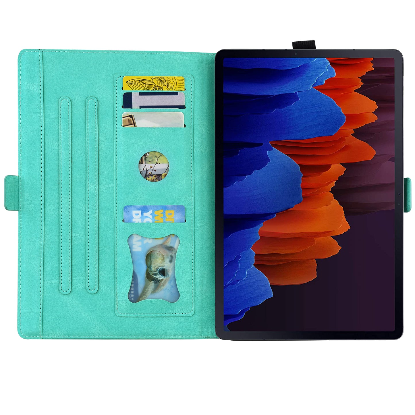 For Samsung Galaxy Tab S9 FE / S9 / S8 / S7 PU Leather Imprinted Butterfly Flip Tablet Case Card Slots Stand with Pen Holder - Cyan