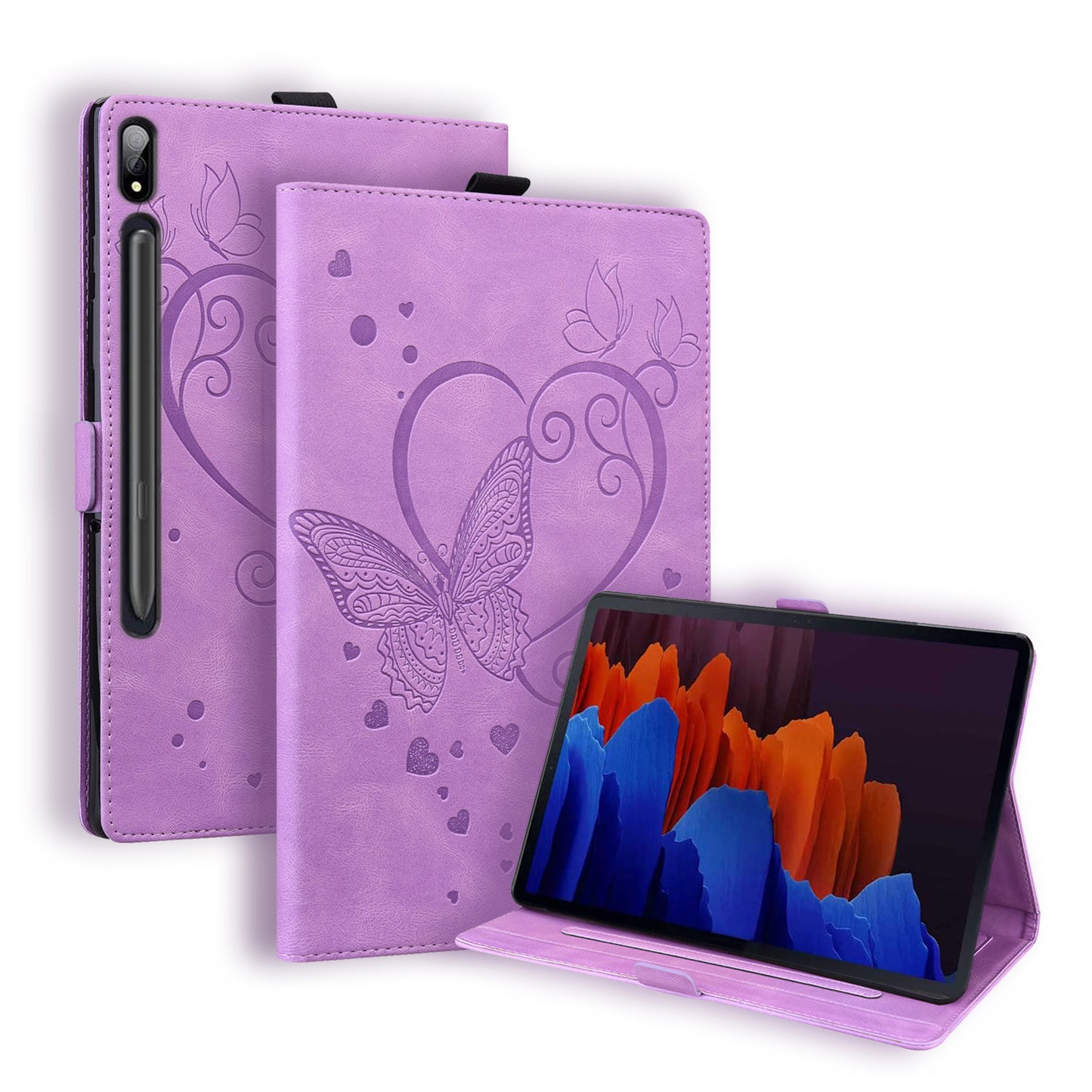 For Samsung Galaxy Tab S9 FE / S9 / S8 / S7 PU Leather Imprinted Butterfly Flip Tablet Case Card Slots Stand with Pen Holder - Purple