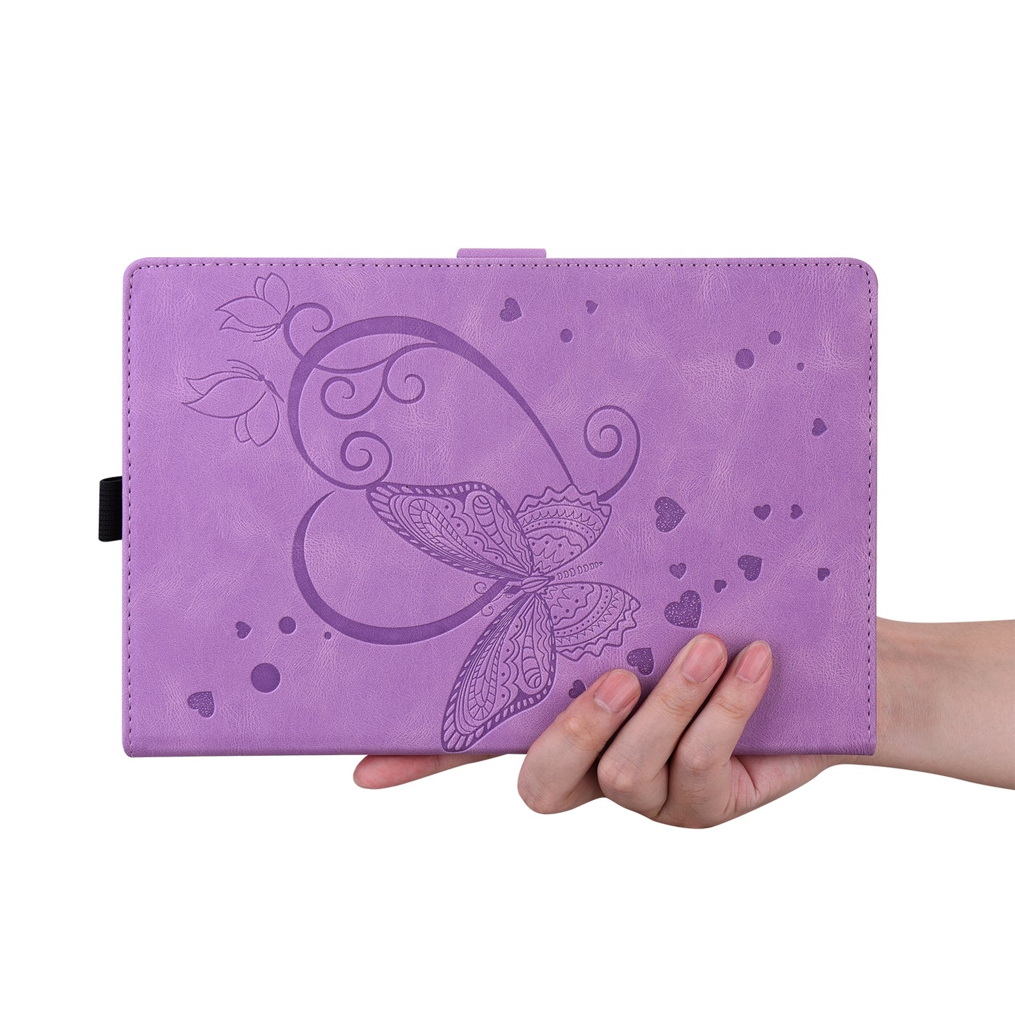 For Samsung Galaxy Tab S9 FE / S9 / S8 / S7 PU Leather Imprinted Butterfly Flip Tablet Case Card Slots Stand with Pen Holder - Purple