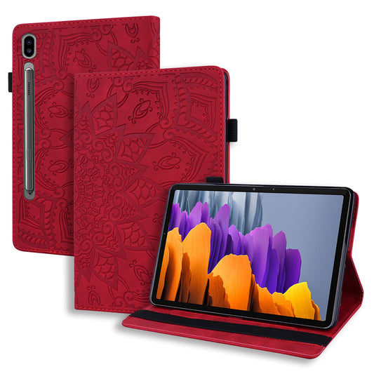 For Samsung Galaxy Tab S9 FE / S9 / S8 / S7 Flower Pattern Imprinting Leather Tablet Stand Cover Shell with Pen Holder Strap - Red