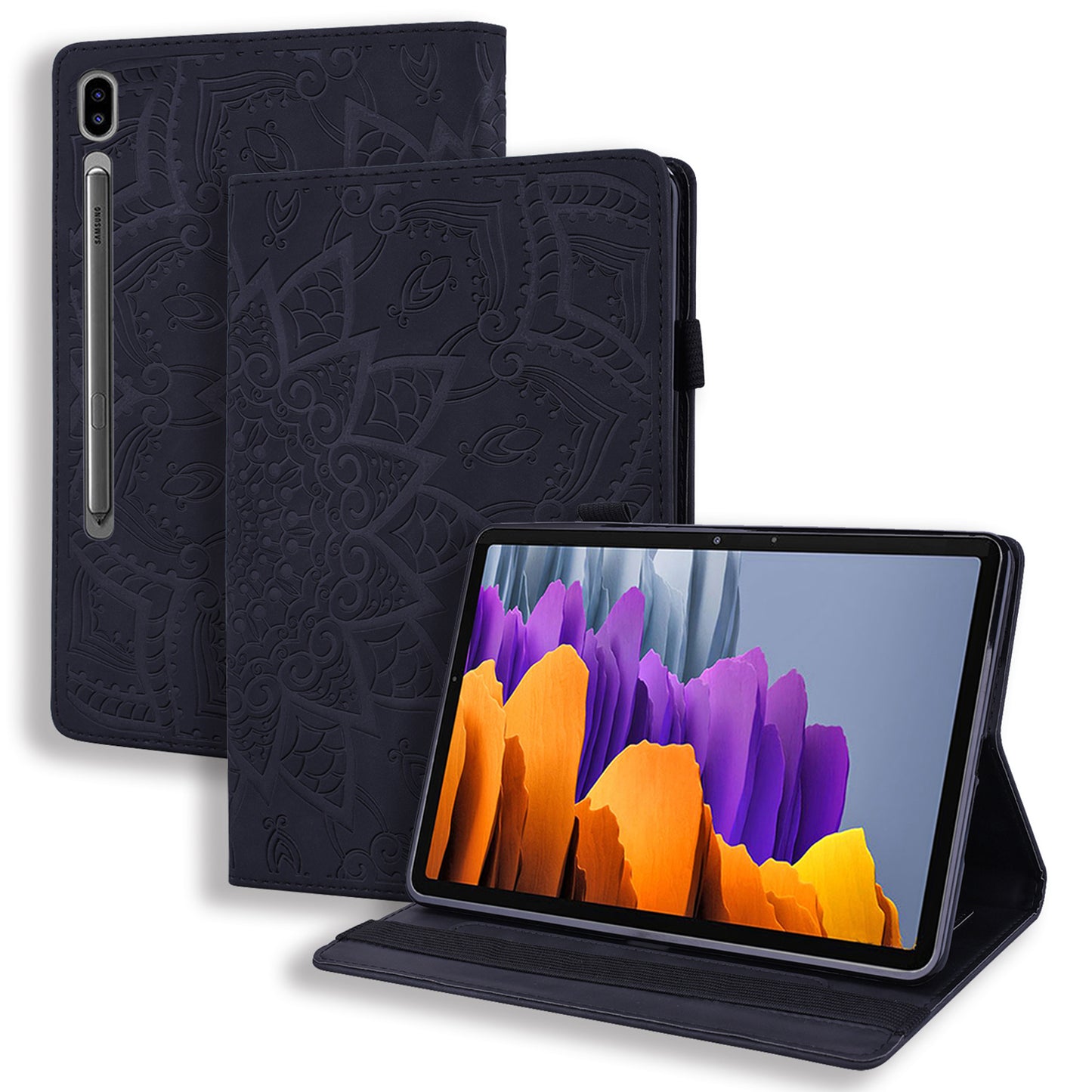 For Samsung Galaxy Tab S9 FE / S9 / S8 / S7 Flower Pattern Imprinting Leather Tablet Stand Cover Shell with Pen Holder Strap - Black