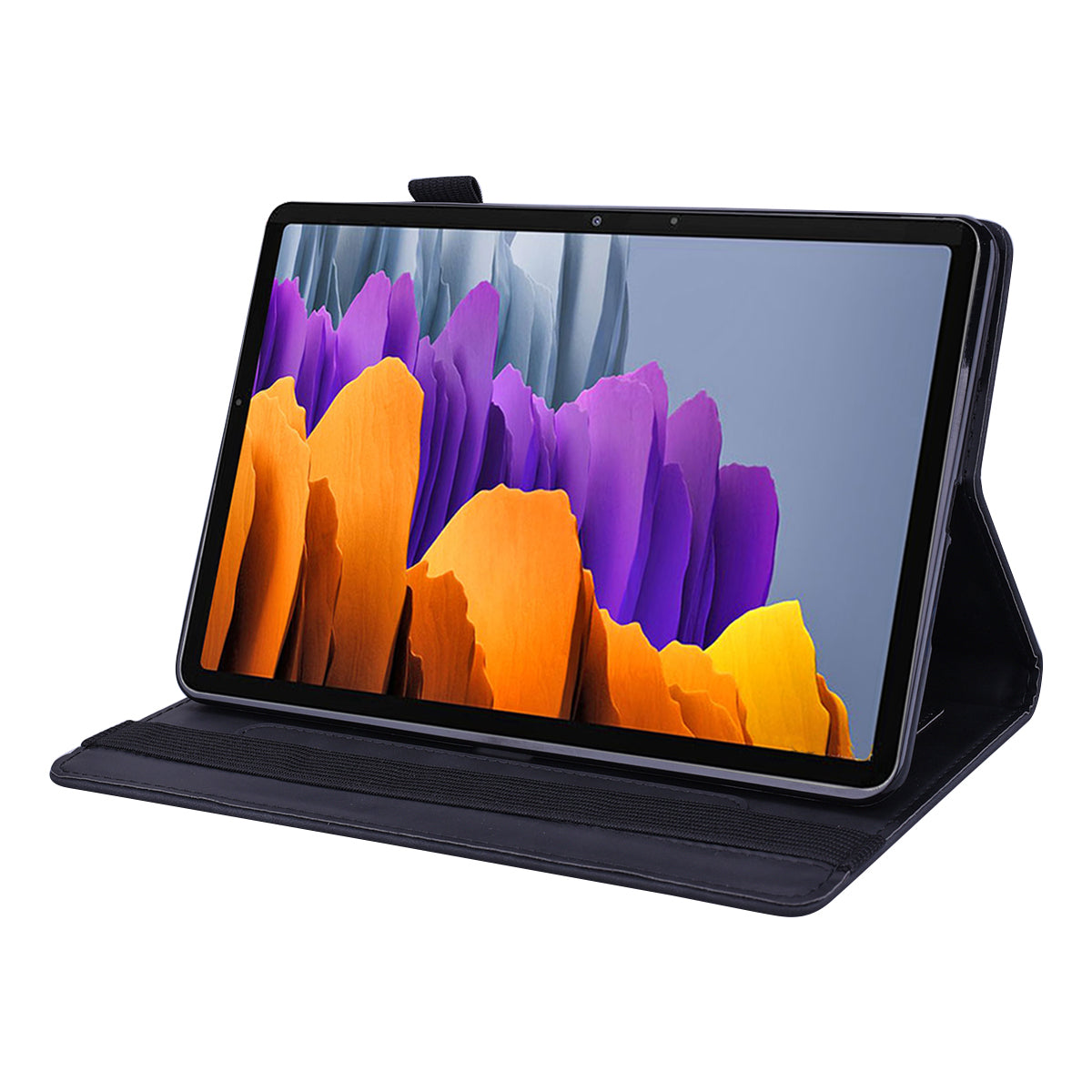 For Samsung Galaxy Tab S9 FE / S9 / S8 / S7 Flower Pattern Imprinting Leather Tablet Stand Cover Shell with Pen Holder Strap - Black